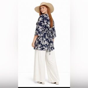 Navy and White Leaf Print Kimono Top